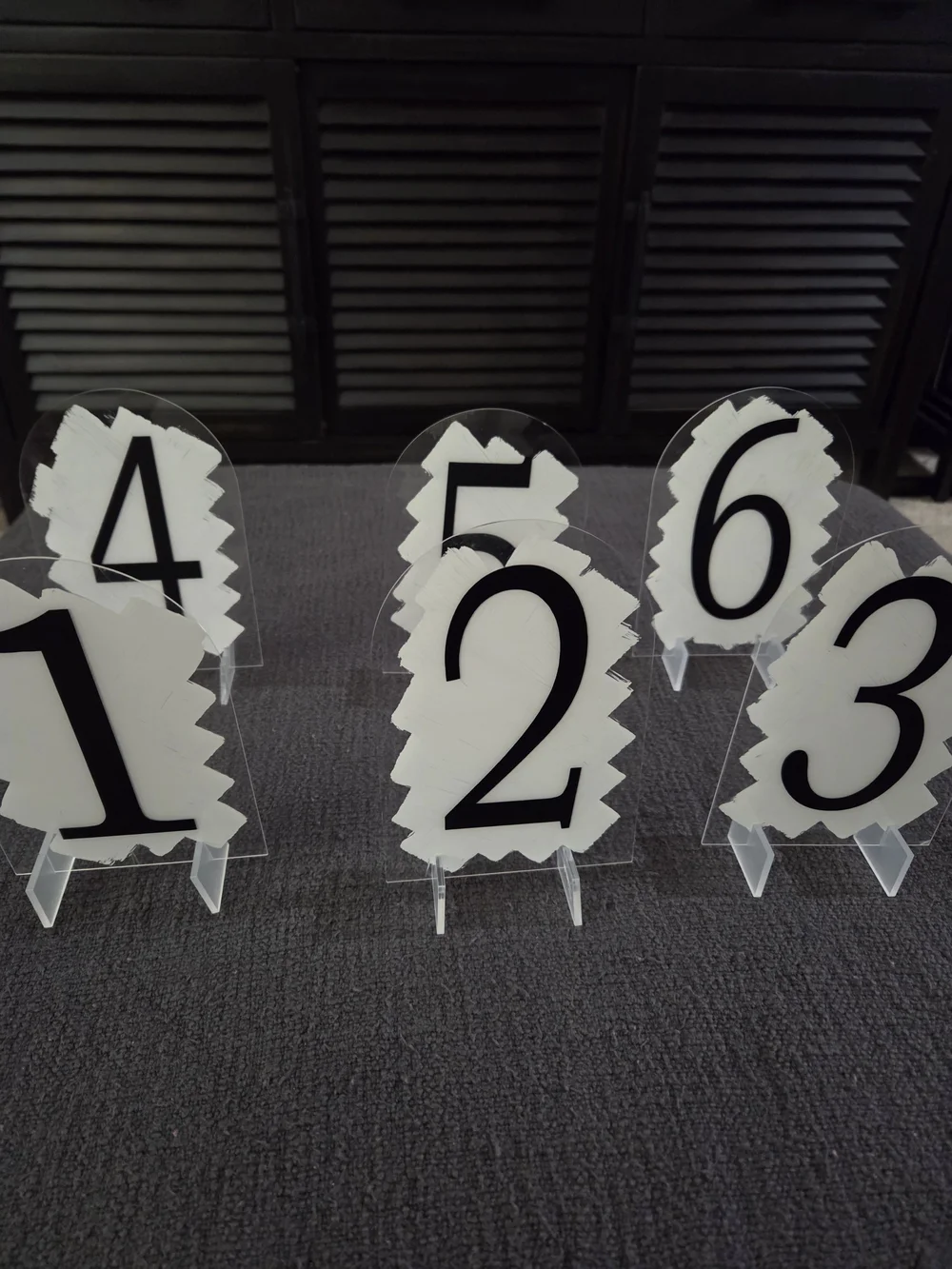 Handmade Acrylic Table Numbers Set 1-6 White with Black Numerals